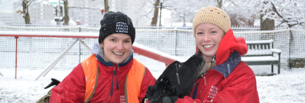arl staff members outside in the snow with a dog