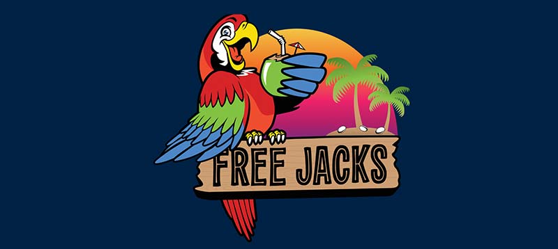 A colorful parrot drinks from a coconut with a straw against a vibrant sunset and palm trees, perched on a wooden sign reading "Free Jacks."