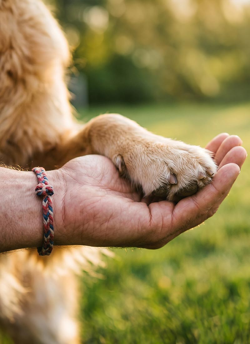 A hand holding a dog's paw in and outside setting.