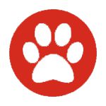 white paw print icon inside a red circle